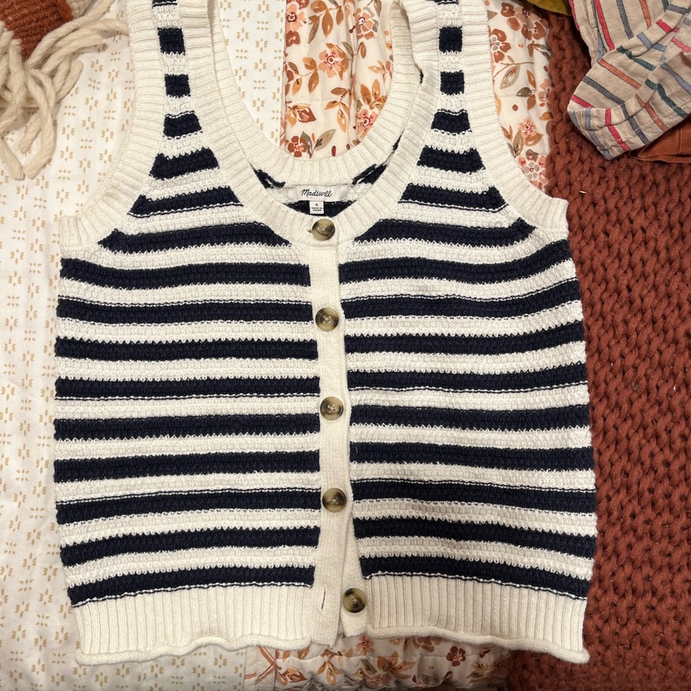 Madewell Navy and White Striped Button-Up Tank Top